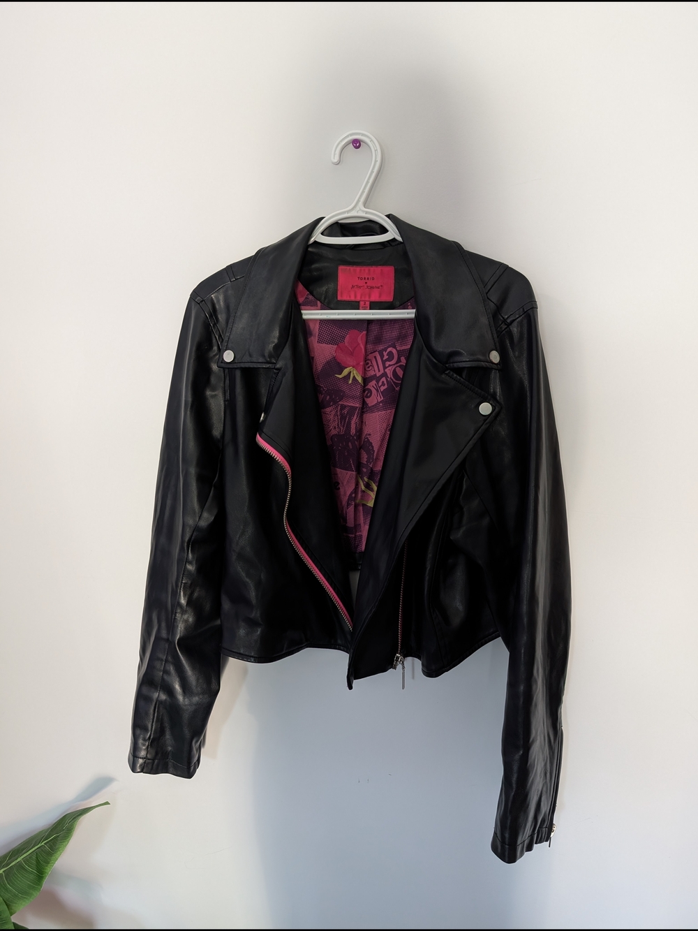Betsey Johnson Black Faux Leather Moto Jacket with Pink Lining